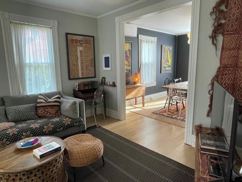 The living room flows into the dining room.