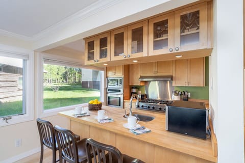 Bright, open kitchen featuring stainless steel appliances, breakfast bar seating for four, bright light, and an open overlook into the living space.