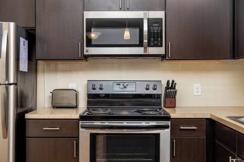 Our kitchen has stainless steel appliances and lots of cabinet space.