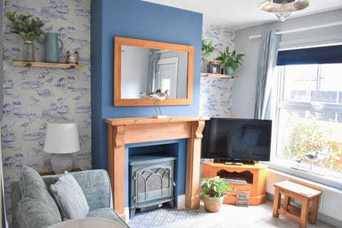 Curlew cottage living room fireplace with electric stove and smart TV