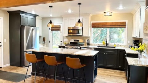 Large kitchen with views of the 1.5 acre forested property.