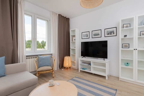 Living area with bright windows, a striped rug, and modern decor.

