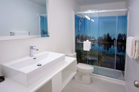 Shower, eco-friendly toiletries, hair dryer, towels