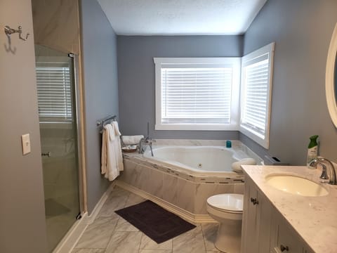 Main bath full view of separate tub and shower