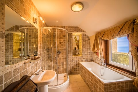 Separate tub and shower, free toiletries, hair dryer, towels