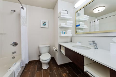 Combined shower/tub, free toiletries, hair dryer, towels