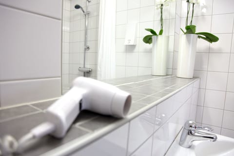 Shower, free toiletries, hair dryer, towels