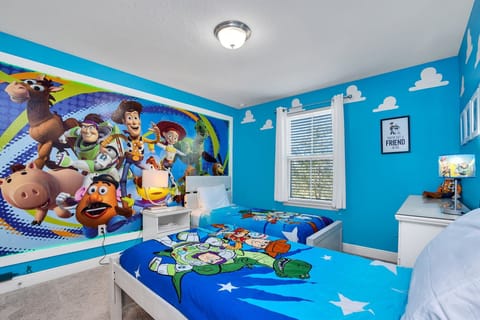 Toy Story themed room with custom LED lighting and 2 twin beds