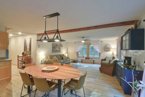 The chalet has amazing common spaces, from the open plan living room and kitchen on the ground floor...