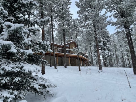 Winter view of back deck. Kids like to sled down the hill-but watch for trees!