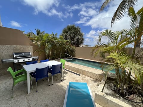 Private outdoor patio with barbeque and pool.