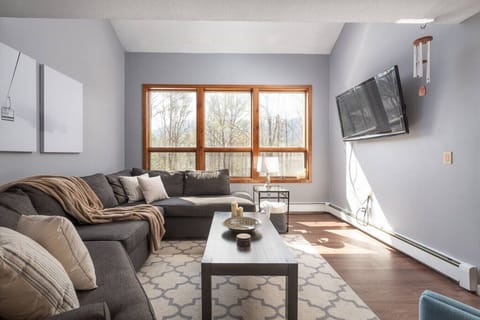 Living Room with large windows and tons of natural light. Smart TV.