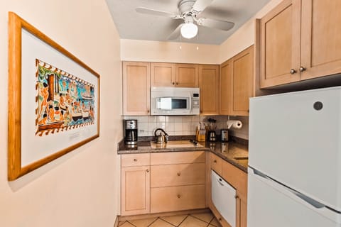 Drip coffee maker, toaster, kettle, and other essential dishware and utensils provided