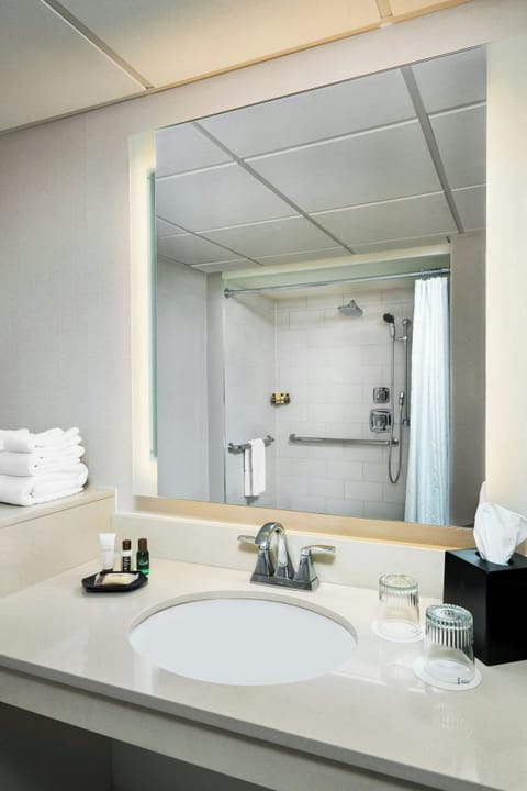 Combined shower/tub, free toiletries, hair dryer, towels