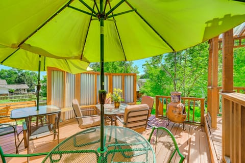 Lower level of deck with seating and chiminea

