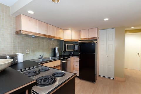 Full-size fridge, microwave, stovetop, dishwasher