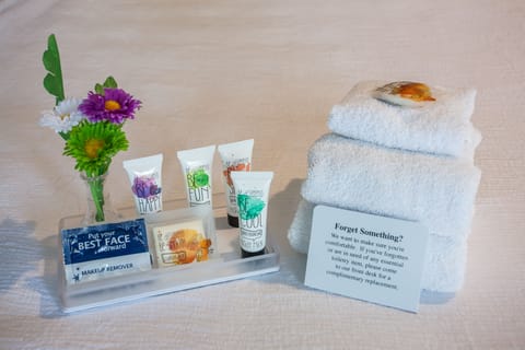 Combined shower/tub, designer toiletries, hair dryer, towels