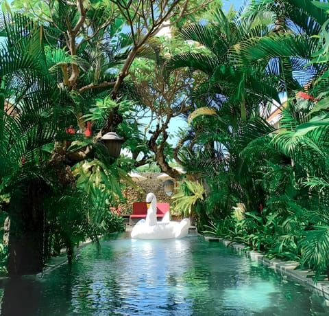 Outdoor pool, pool umbrellas, sun loungers