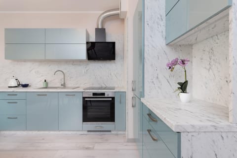 The sleek design of the kitchenette blending seamlessly with the living area.