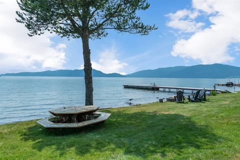 Shady picnic table on a private lawn by the dock