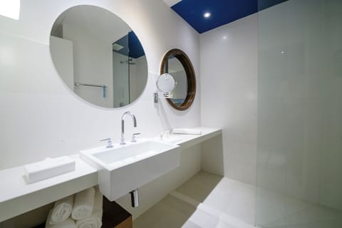 Hair dryer, towels, soap, shampoo