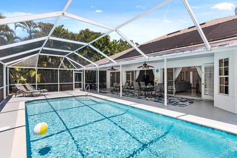 The electric-heated pool has southern exposure