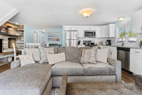 Living room with sleeper sofa, 50" smart TV, high-efficiency mini-split for AC/heat, and stunning views of the ocean.