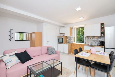 Open plan kitchen with living/dining area