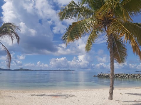 On the beach, white sand, sun loungers, beach umbrellas