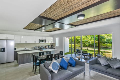 Fully stocked kitchen and living room to sit around with friends and family