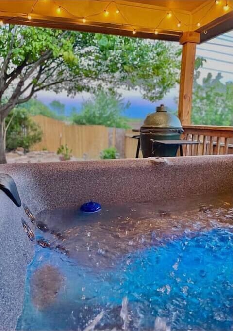Sunset view looking out to no neighbors and the big green egg ready to be fired up!