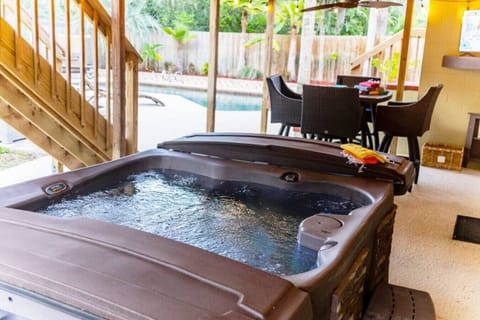 Outdoor hot tub is located under the patio so it is completely in shade. Due to the elements, there is no outside TV anymore.