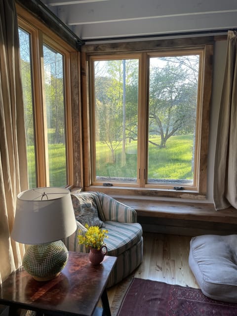sitting room with view to our apple trees