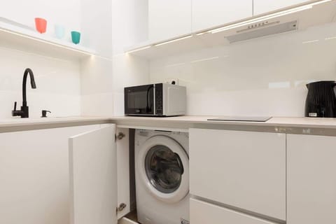 The sleek design of the kitchenette blending seamlessly with the living area.