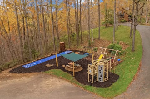 Private play area including shuffleboard, ninja tower, swings, horseshoes, games