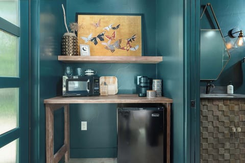 Mini fridge, microwave and Nespresso