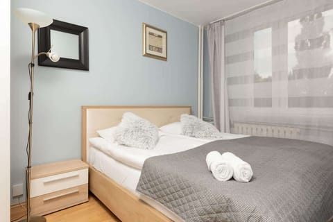 Bright and cozy bedroom with a double bed with a gray bedspread. The whole is warm and functional.