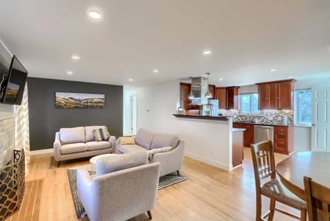 The upstairs living area has an open floor plan and offers plenty of room for your group to spend time together.