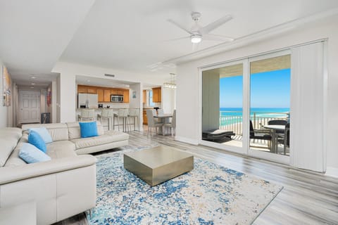 Bright, living room with an ocean view
