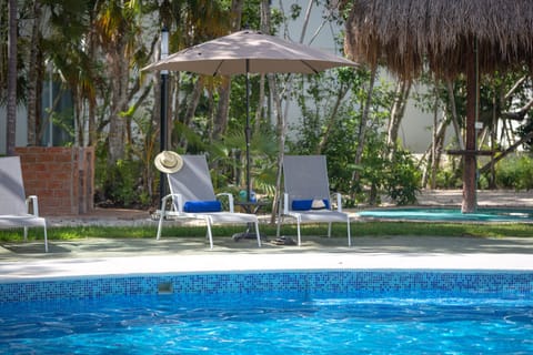 Lounges and shades around our swimming pool