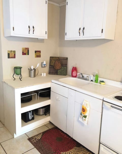 View of the left side of the kitchen counter and storage for pots, pans, plates