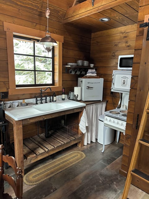 Vintage sink and mini refrigerator.