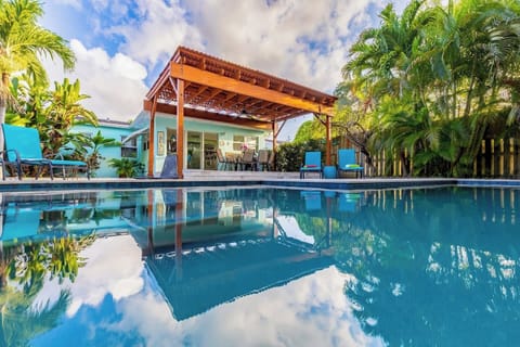 Tropical backyard oasis in Dania Beach with sparkling pool and a shaded pergola 