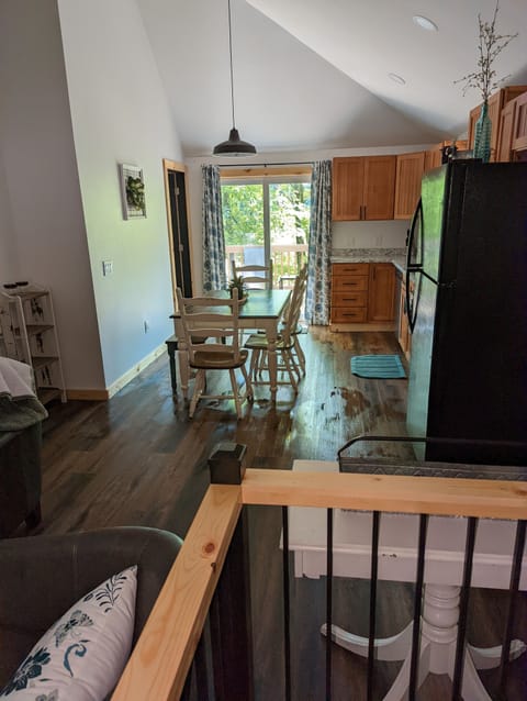 Spiral staircase leading to lower level.