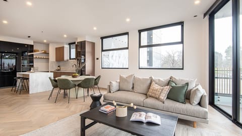 Light and bright living space with stunning kitchen, dining for six people and balcony 