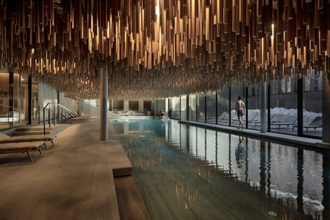 Indoor pool, outdoor pool, pool umbrellas, sun loungers