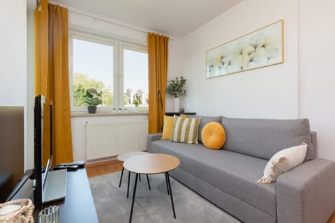 A bright living room with a comfortable gray sofa, decorative cushions, and a coffee table by the window.
