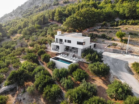 Aerial photo of Villa Marmoris surrounded with olive fields. 