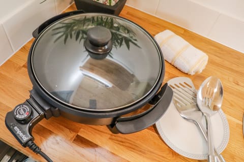 Fridge, electric kettle, toaster, cookware/dishes/utensils