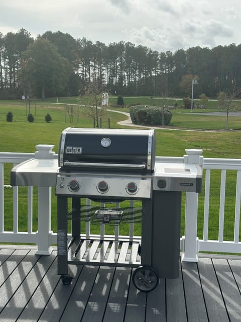 Weber Grill with view of the golf course on 400sqft deck